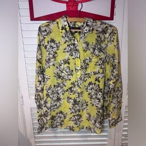 J. Crew Yellow Gray Floral Button Front Blouse  Women’s Size 4 Cotton Silk Blend